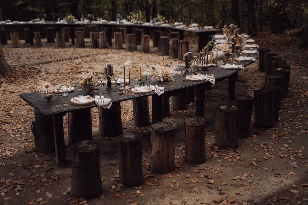 istock Beautifully designed wedding table in the forest 1465221289
