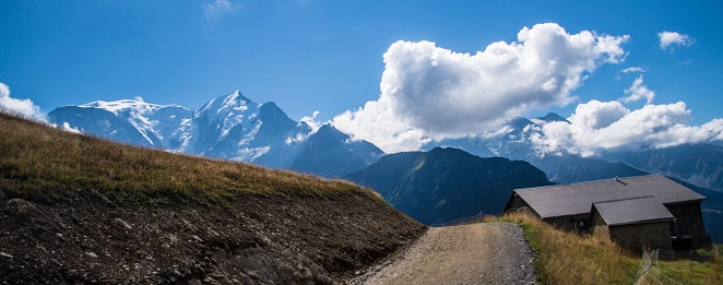 A landscape of rocks in the Le Prarion mountains on a sunny day in Les Houches, France