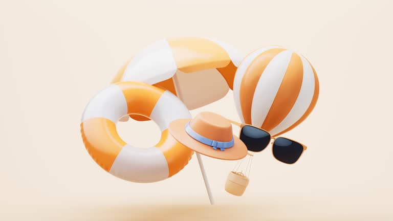 Loop animation of beach umbrellas and resort theme, 3d rendering.