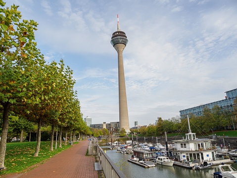Dusseldorf, Germany – October 25, 2022: A view of the TV tower in the city of Dusseldorf at the river Rhine in Germany