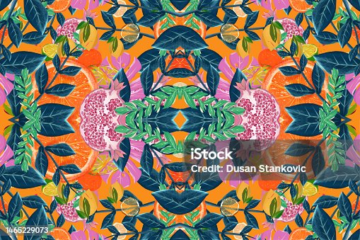 istock Tropical fruit and leaves background 1465229073