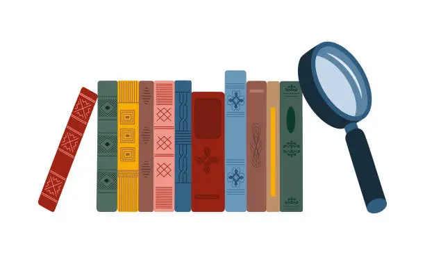 Vector illustration of Collection of vertical standing books in colored vintage covers and magnifying glass. Books searching concept