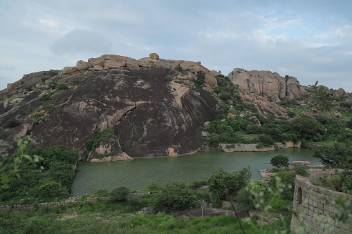 The rocky hills anf the river of the Chitradurga Fort, India