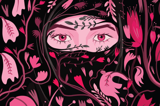 Hijab filled with flowers Illustration of a magenta hijab filled with different types of flowers burka stock illustrations