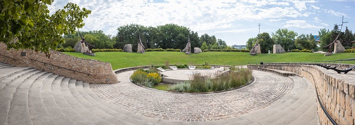 Winnipeg, Canada – August 31, 2022: A panoramic shot of the Oodena Circle at The Forks in Winnipeg, Manitoba, Canada.