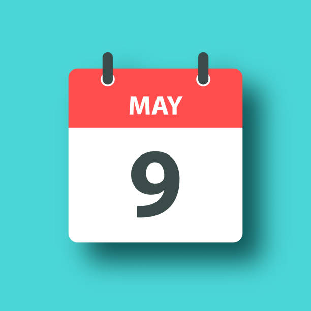 May 9 - Daily Calendar Icon on Blue Green background with shadow May 9. Calendar Icon in a Flat Design style. Daily calendar isolated on a trendy color, a blue green background and with a dropshadow. Vector Illustration (EPS file, well layered and grouped). Easy to edit, manipulate, resize or colorize. Vector and Jpeg file of different sizes. clip art of number nine stock illustrations