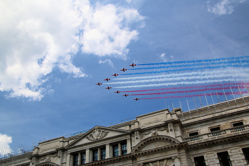 London in the UK in June 2022. A view of planes flying past to celebrate the Queens Platinum Jubilee