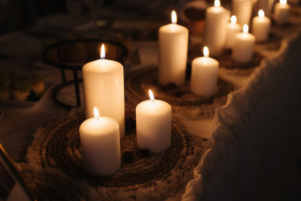 istock Boho wedding decoration. Rustic decorations of wedding venue. Romantic atmosphere. Wooden box and white candles. 1465234264