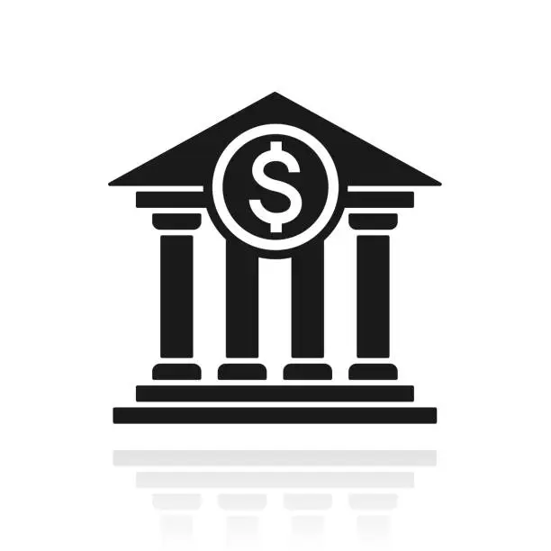 Vector illustration of Bank with Dollar sign. Icon with reflection on white background