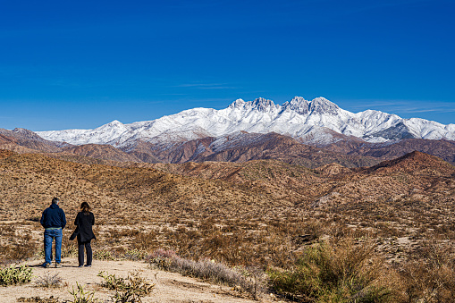The image shows a view of the desert and snow capped mountains with a pair of visitors admiring the view