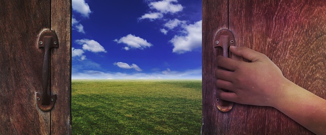 hand opening old wood door or window with grung Handles to see green nature and sky background
