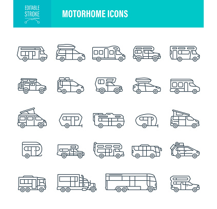 Camper Icon Set. Editable Stroke. Contains such icons Caravan, Rv, Transportation, Car, Recreational Vehicles, Vans, Auto, Motorhome