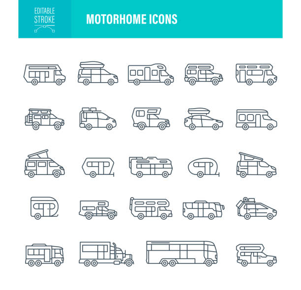 Motorhome Icons Editable Stroke Camper Icon Set. Editable Stroke. Contains such icons Caravan, Rv, Transportation, Car, Recreational Vehicles, Vans, Auto, Motorhome mobile home stock illustrations