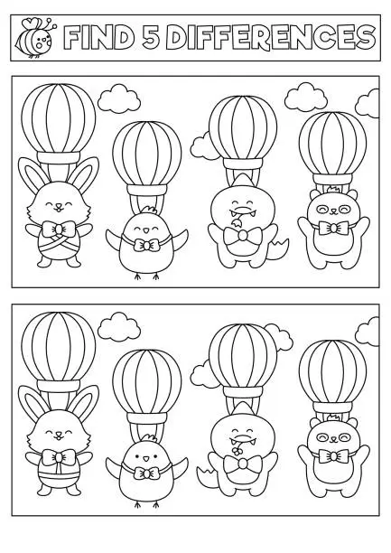 Vector illustration of Easter black and white kawaii find differences game. Coloring page with cute hot air balloons with animals flying in the sky. Spring holiday puzzle or activity for kids. What is different worksheet