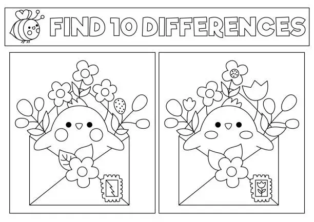 Vector illustration of Spring black and white kawaii find differences game. Coloring page with cute chick in envelope with flowers. Garden puzzle for kids with funny character. Printable what is different worksheet