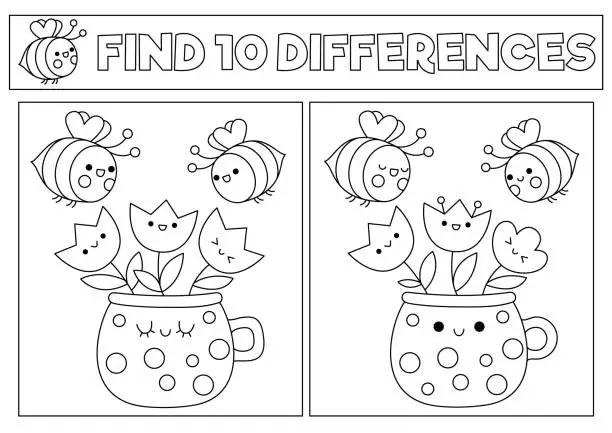 Vector illustration of Garden black and white kawaii find differences game. Coloring page with cute bees and flowers in pot. Spring holiday puzzle or activity for kids. Printable what is different worksheet