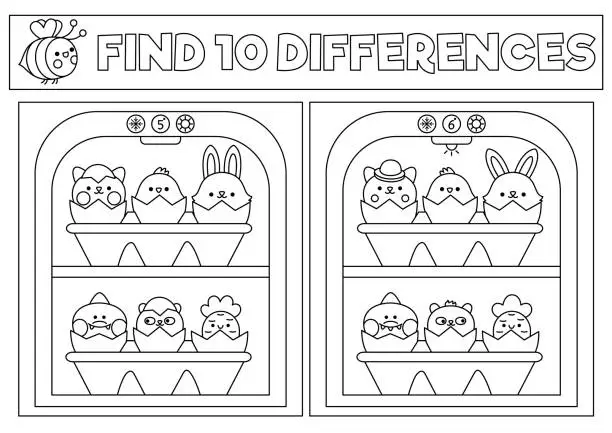 Vector illustration of Easter black and white kawaii find differences game. Coloring page with cute hatching animals in fridge. Spring holiday puzzle or activity for kids. Printable what is different worksheet