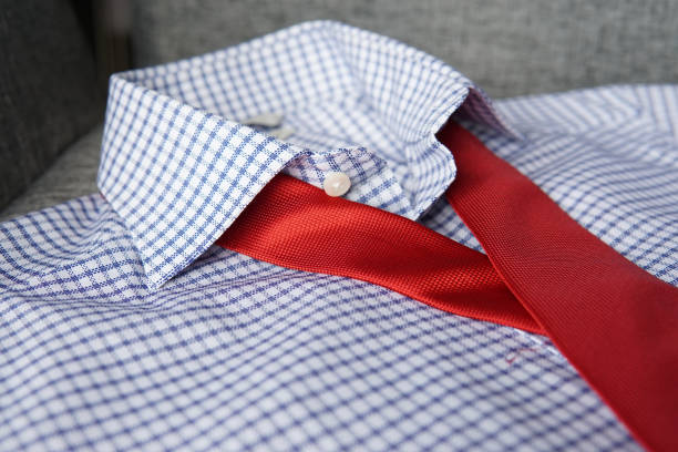 A male checkered shirt with a red tie