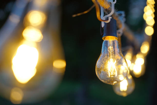 istock Selective focus shot of hanging light bulbs 1465243926