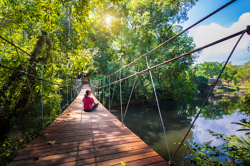 Hiking - Woman on suspension bridge in rainforest