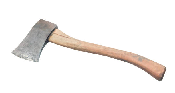 istock Old rust dirty dark gray ax with brown wooden handle isolated on white background with clipping path. 1465245178