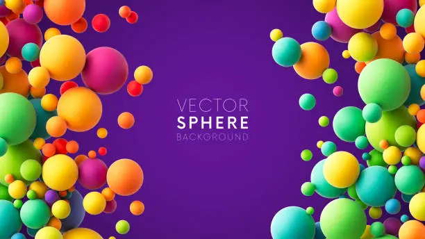 Vector illustration of Double border colorful flying spheres background
