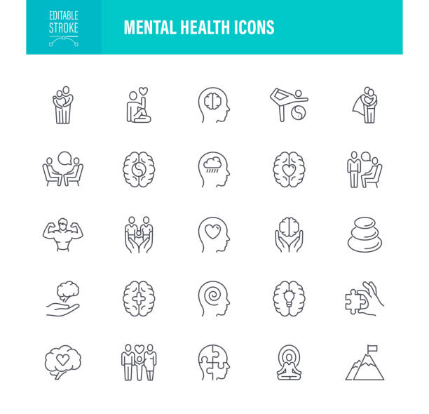 Mental Health Icons Editable Stroke. For Mobile and Web. Contains such icons as Care, Memories, Human Brain, Agreement, Empathy vector art illustration