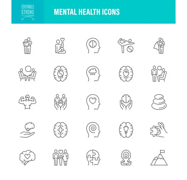 Vector illustration of Mental Health Icons Editable Stroke. For Mobile and Web. Contains such icons as Care, Memories, Human Brain, Agreement, Empathy