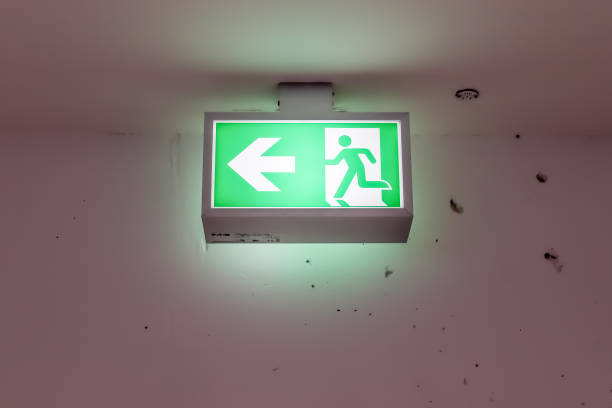 istock Closeup of a bright green Emergency Exit sign on a white wall 1465245652