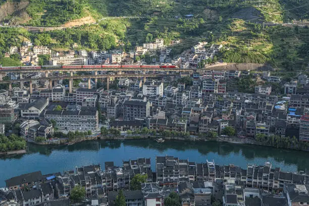 An aerial shot of ZhenYuan old town i Guizhou, China