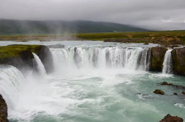 Photo of Aerial shot of the Godafoss Fossholl waterfall in Iceland