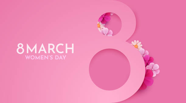 세계 여성의 날 배너. 꽃 장식으로 3 월 8 일 전단지. 번호 8. 봄 식물, 나뭇잎 및 꽃으로 종이 컷 스타일의 초대장 - women's day stock illustrations