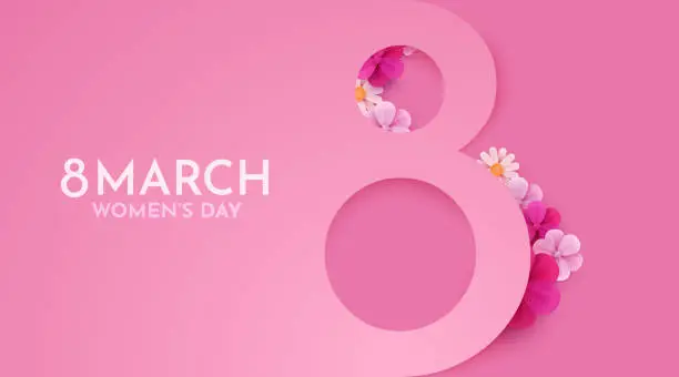 Vector illustration of International Women's Day Banner. Flyer for March 8 with flowers decor. Number 8. Invitation in paper cut style with spring plants, leaves and flowers