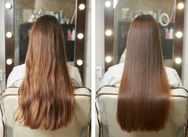 Demonstration and comparison of hair before and after treatment, straightening and styling stock photo