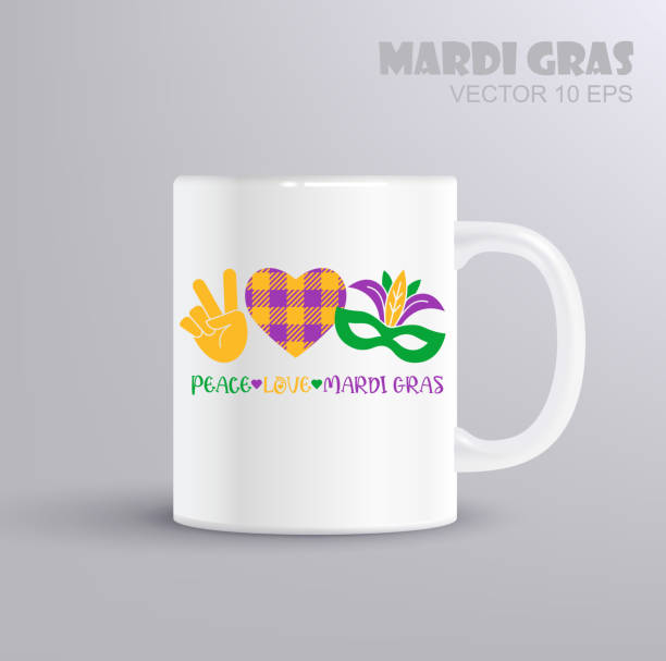 ilustrações de stock, clip art, desenhos animados e ícones de peace, love, mardi gras. vector lettering for t shirt, poster, card. mardi gras concept with mug mockup - mardi gras new orleans feather mask