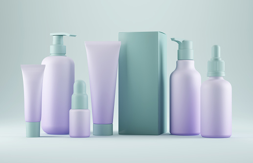Beauty care products on white background, lavender soft gradient and tranquil blue
