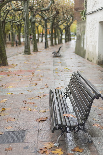 A vertical shot of a wooden bench in the park of the medieval city of Hervas Caceres, Spain