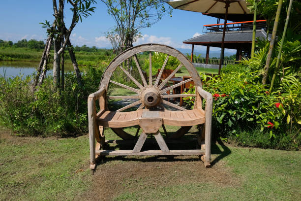 istock Wooden garden bench for relax 1465255364