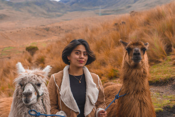 istock Young female with cute lamas in the mountains 1465255472