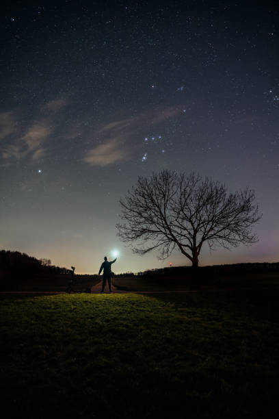 istock Vertical shot of a person in the distance using a flashlight near a tree under a starry sky at night 1465255819