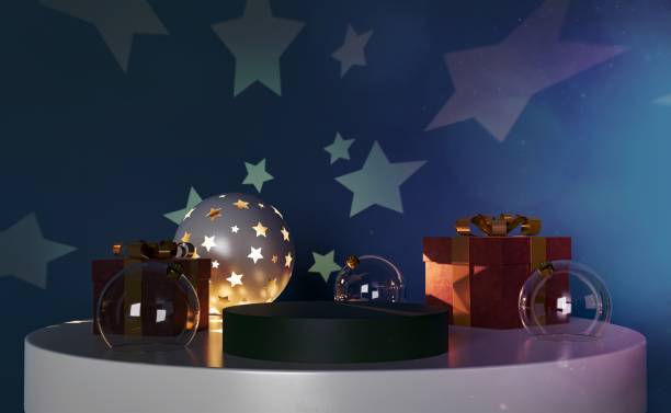 product stand on a small table with christmas ornaments stock photo