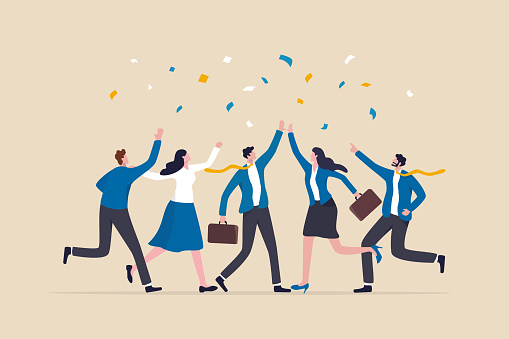 Employee, organization or company worker, team or teamwork success together, staff partnership or community concept, success businessman, businesswoman colleague high five for winning celebration.