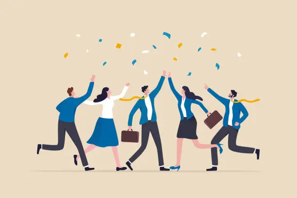 Vector illustration of Employee, organization or company worker, team or teamwork success together, staff partnership or community concept, success businessman, businesswoman colleague high five for winning celebration.