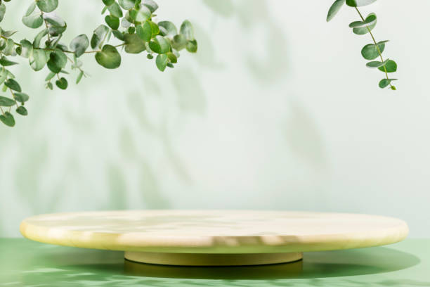 istock Round product display on blue background with eucalyptus leaves 1465262352