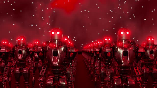 Crowd of robots with red eyes standing under night sky. Robots have turned against humans