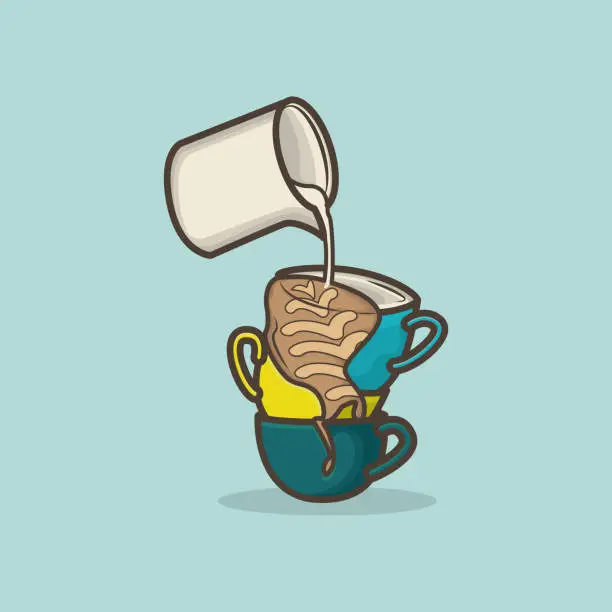 Vector illustration of Illustration of jug milk pouring milk to make latte art in stacked cup