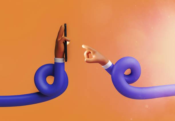 istock Tangled cartoon hands with a cell phone and pointing at it 1465263544