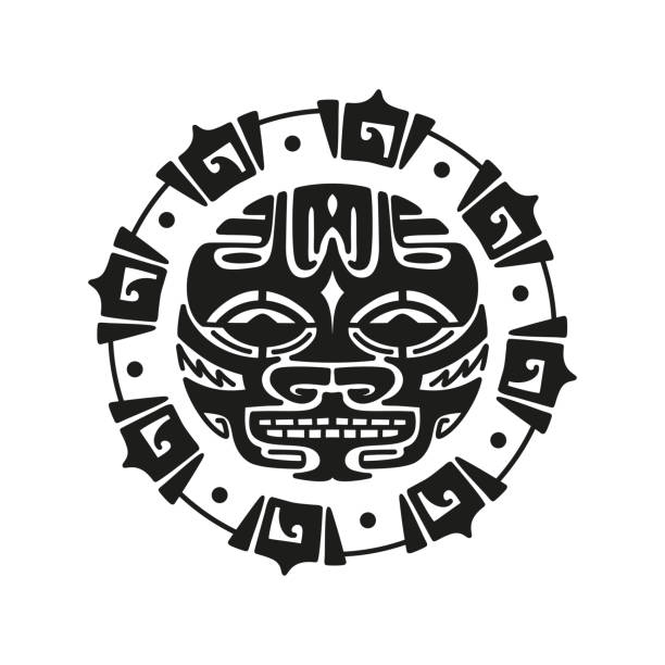 illustrazioni stock, clip art, cartoni animati e icone di tendenza di sole faccia arrabbiata. ornamento del tatuaggio maori. maschera etnica. illustrazione vettoriale in bianco e nero - tatuaggi maori