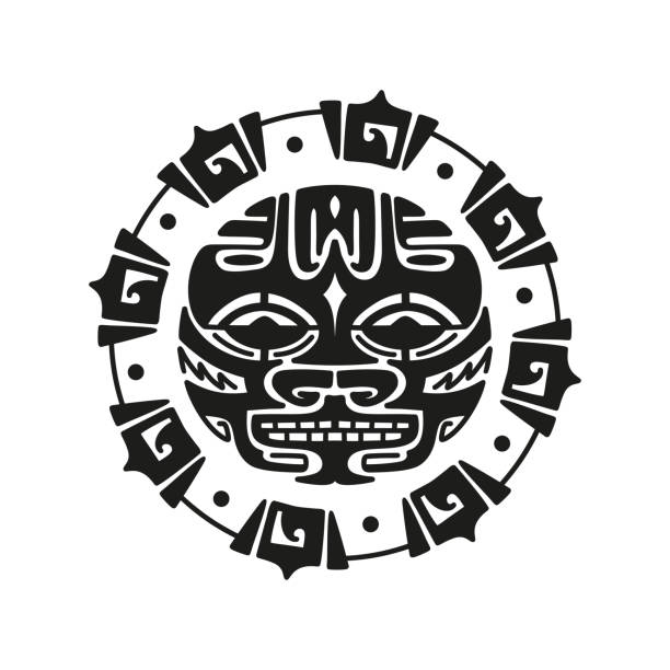 stockillustraties, clipart, cartoons en iconen met sun angry face. maori tattoo ornament. ethnic mask. black and white vector illustration - maoritatoeages