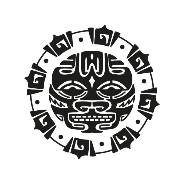 Vector illustration of Sun Angry Face. Maori Tattoo Ornament. Ethnic Mask. Black and White Vector illustration
